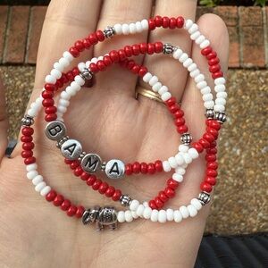New Handmade Alabama Football Red and White Beaded Bracelet Set Bama Roll Tide